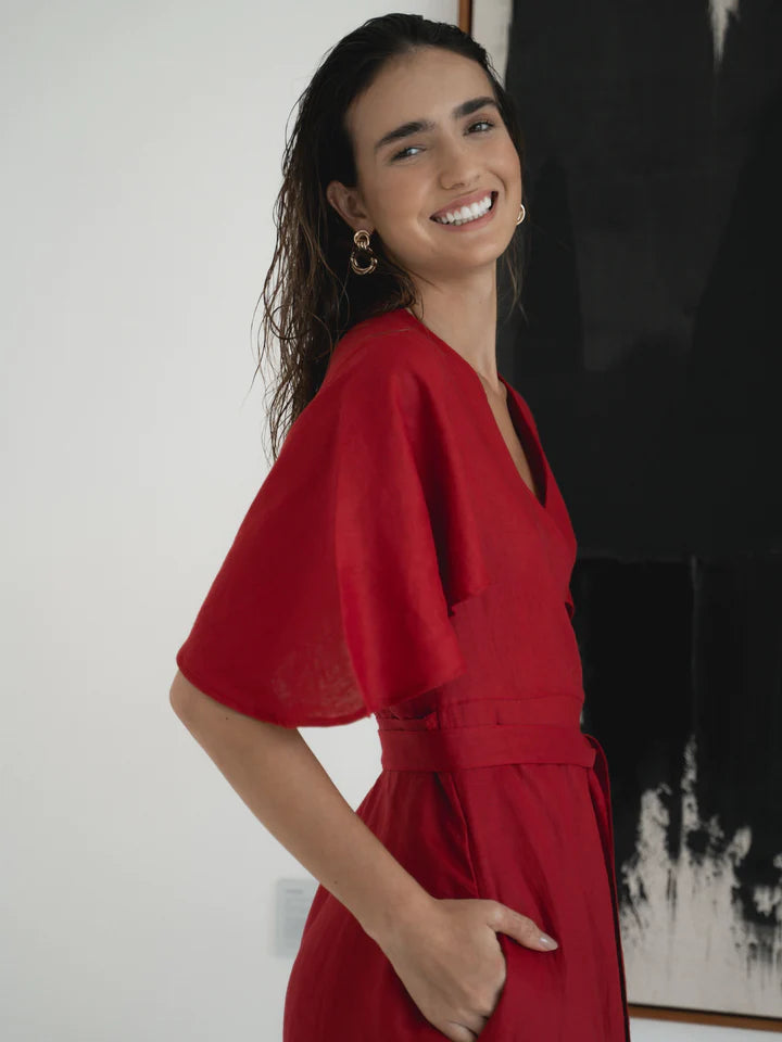 maroon linen dress Ready to ship - Rue burgundy red dress - Deep V neck dress - Linen dress