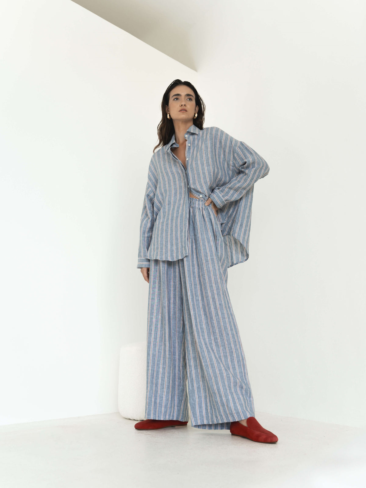 Wide Leg Linen Pants in Blue&Red Stripe - l u • c i e e