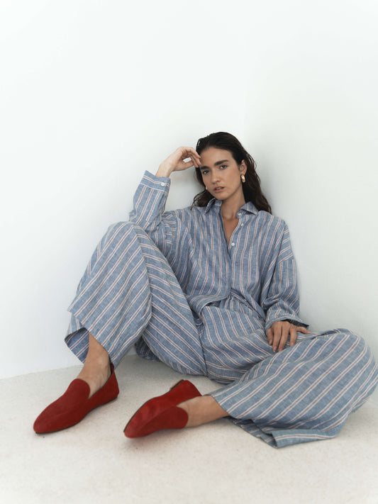 Wide Leg Linen Pants in Blue&Red Stripe - l u • c i e e