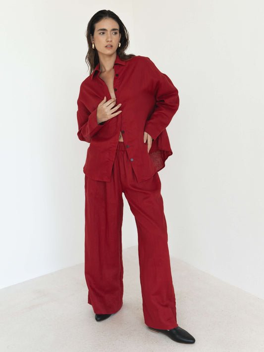 Wide Leg Linen Pants in Maroon Red - l u • c i e e