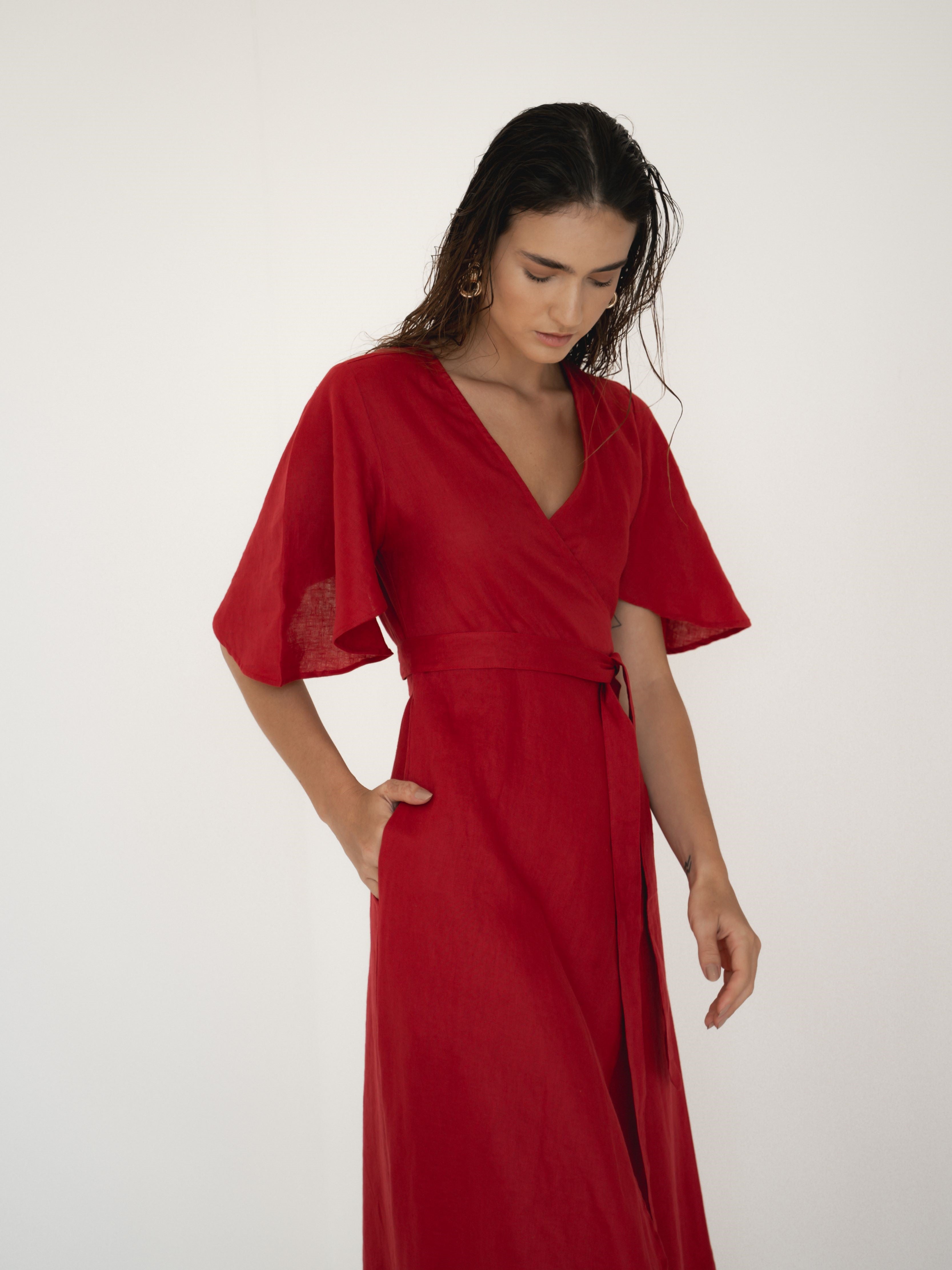 Dhalia Linen Dress in Maroon Red - l u • c i e e