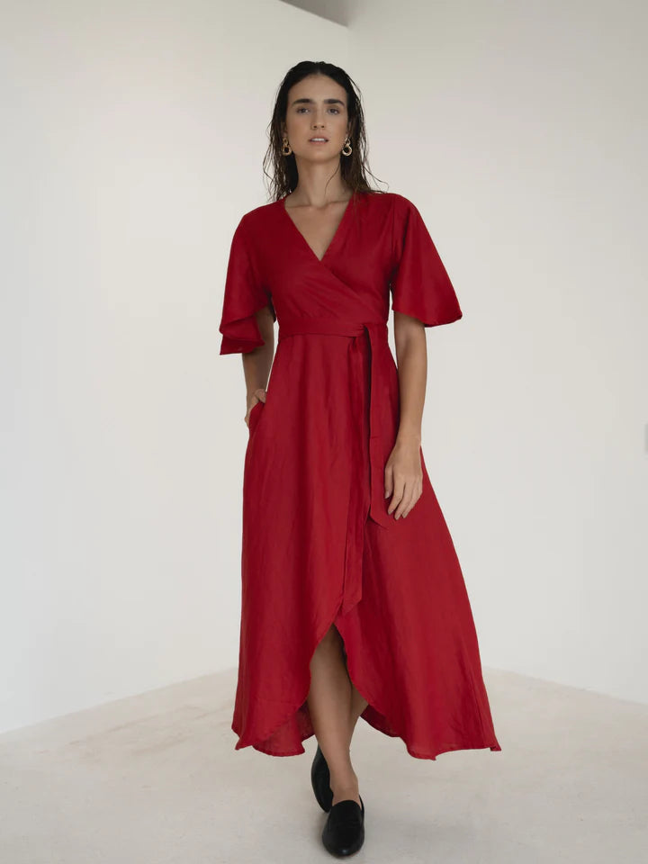 Dhalia Linen Dress in Maroon Red - l u • c i e e