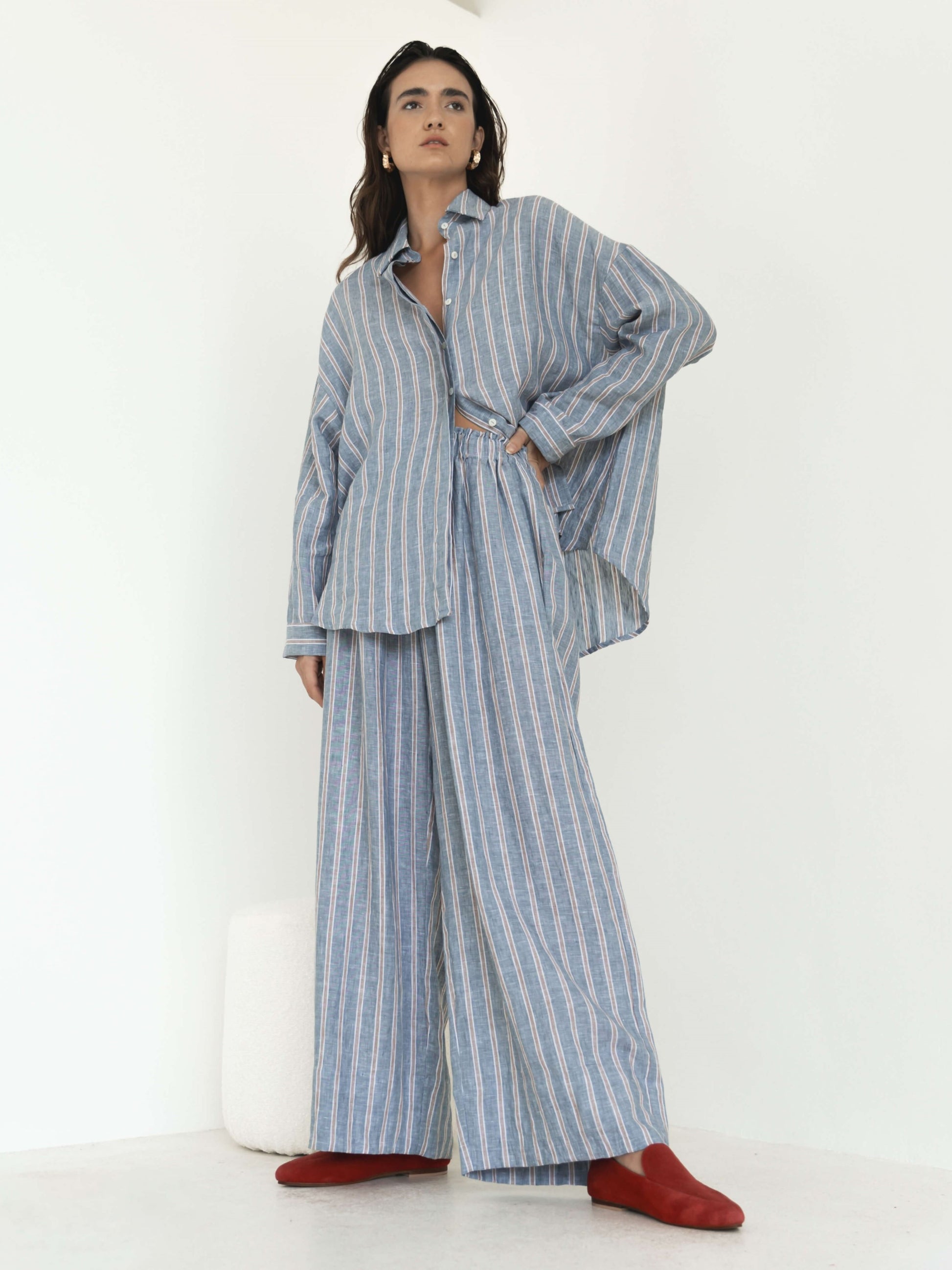 Linen Oversized Shirt in Blue&Red Stripe - l u • c i e e