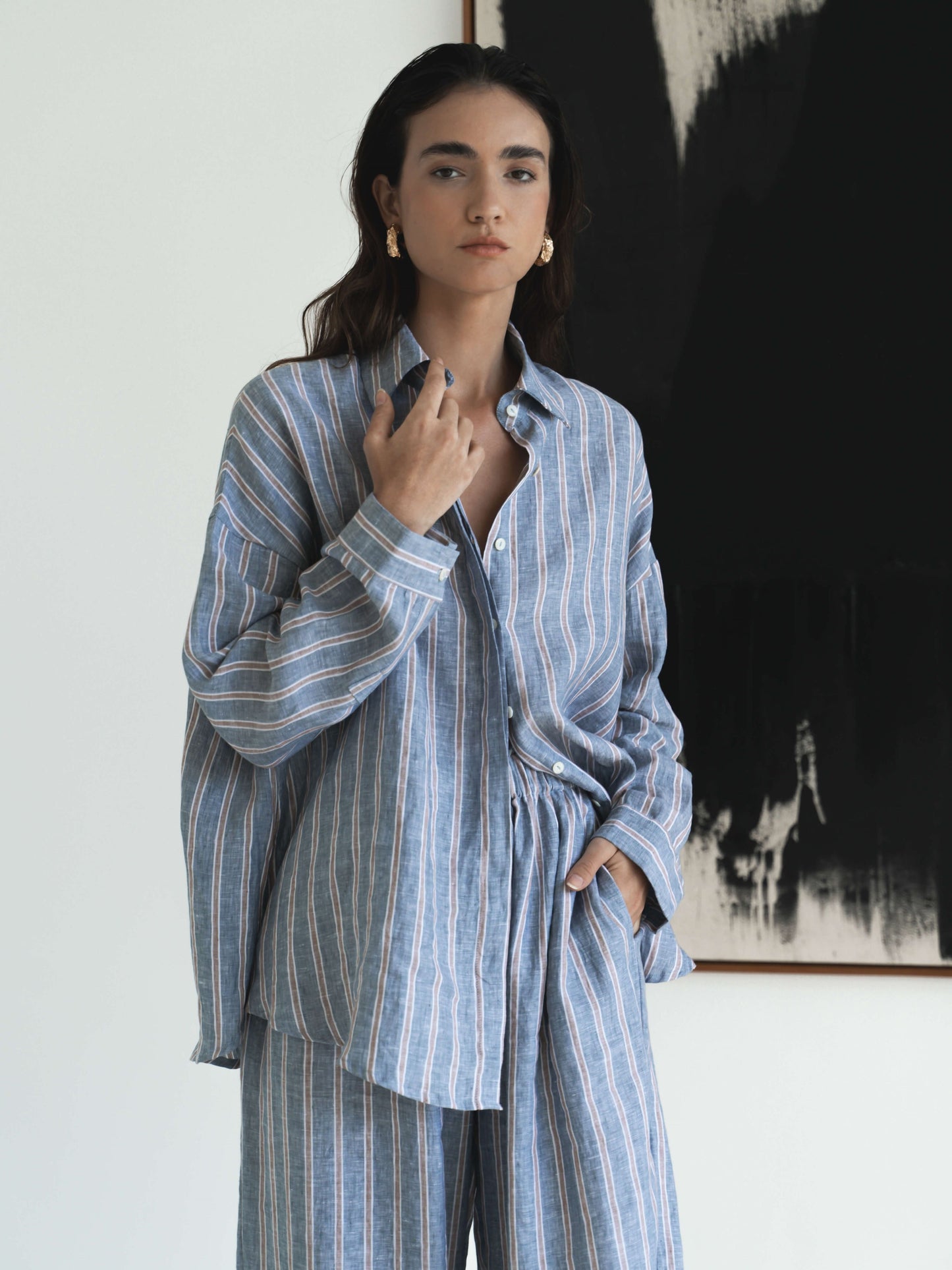 Linen Oversized Shirt in Blue&Red Stripe - l u • c i e e