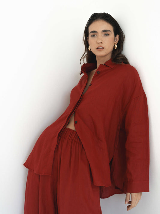 Wide Leg Linen Pants in Maroon Red - l u • c i e e