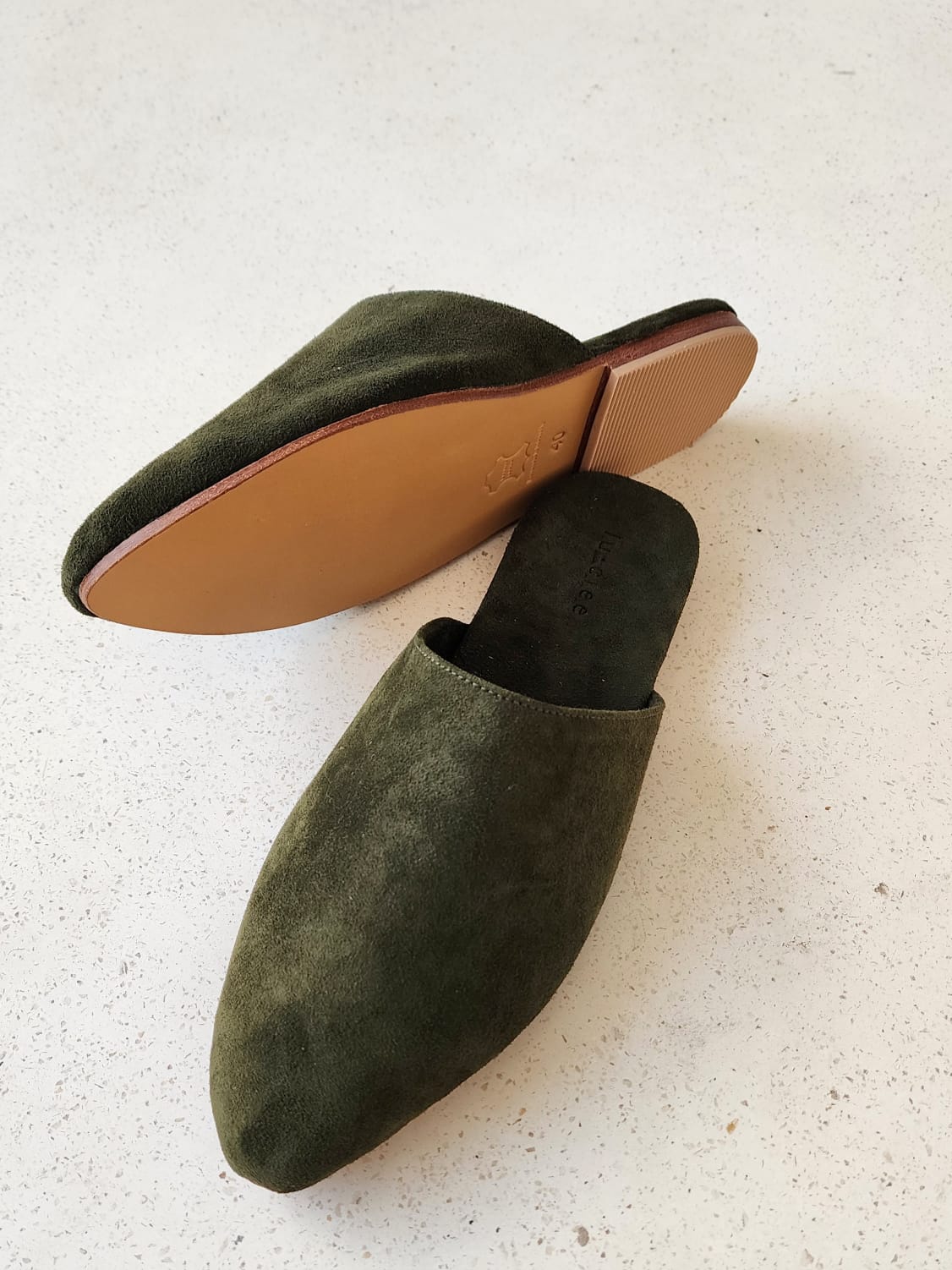 Suede Leather Slipper in Olive - l u • c i e e