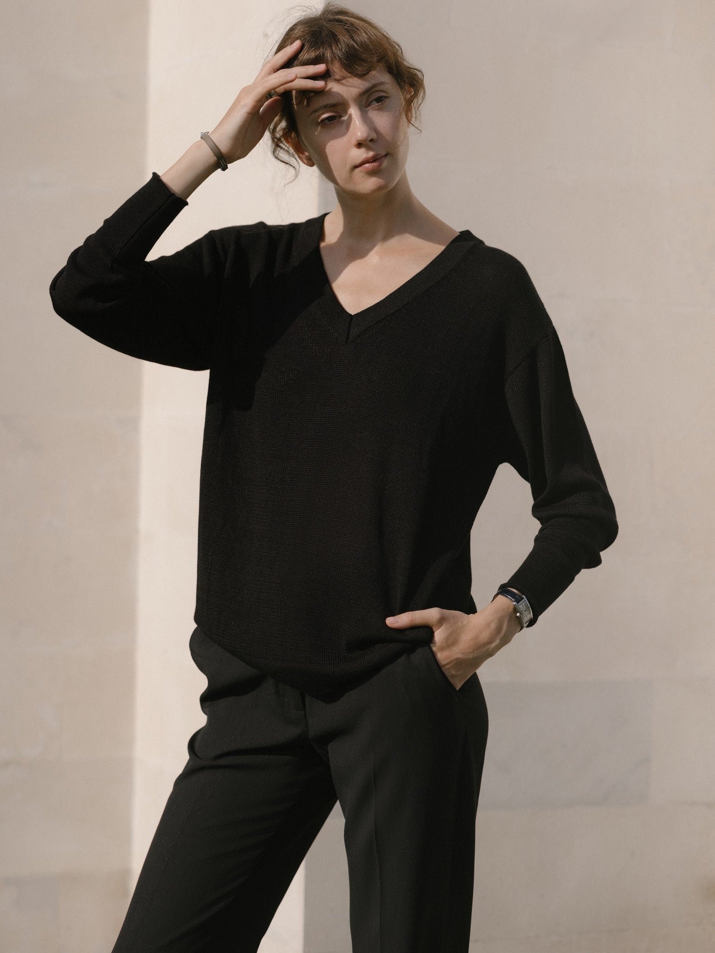 Oversized V-neck Sweater in Black - l u • c i e e