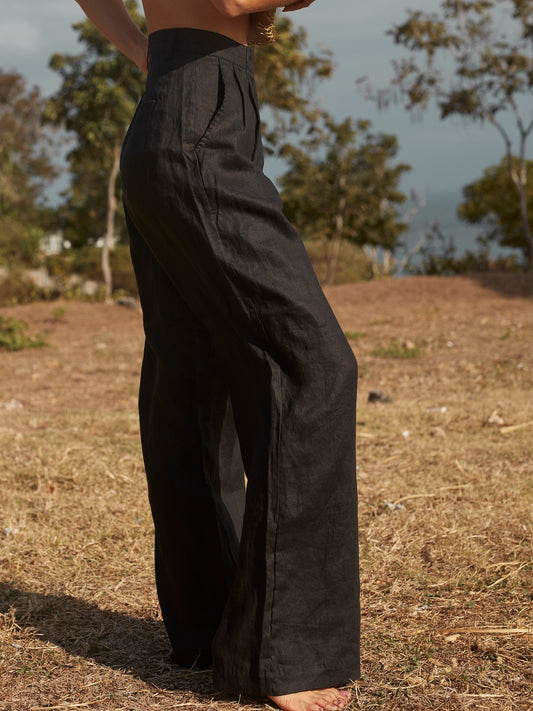 Linen Pleat Pant in Black - l u • c i e e