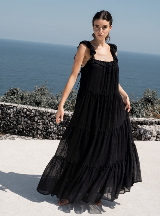 Amaya Gathered Summer Dress in Black - l u • c i e e