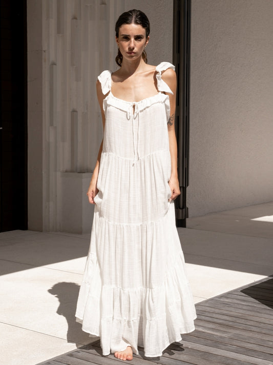 Amaya Gathered Summer Dress in Ecru - l u • c i e e